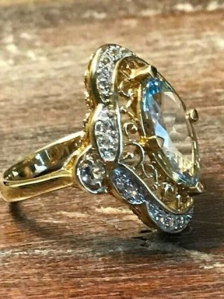 Ornate Vtg 14k Yellow Gold Marquise Cut Sky Blue Topaz & Gemstone Ring Size 6.  75 2