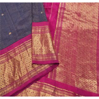 Sanskriti Vintage Blue Heavy Saree Pure Silk Brocade Woven Craft 5yd Fabric Sari