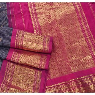 Sanskriti Vintage Blue Heavy Saree Pure Silk Brocade Woven Craft 5Yd Fabric Sari 3