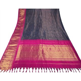 Sanskriti Vintage Blue Heavy Saree Pure Silk Brocade Woven Craft 5Yd Fabric Sari 4