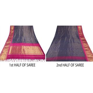 Sanskriti Vintage Blue Heavy Saree Pure Silk Brocade Woven Craft 5Yd Fabric Sari 7