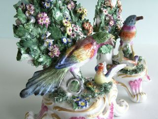 Lrg Pair Antique Samson Chelsea Derby Porcelain Candlesticks BIRDS BOCAGE 5