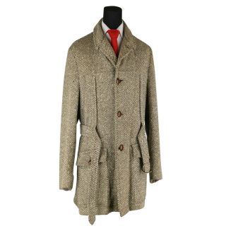 Vintage Men ' s Full Norfolk Brown Wool Top Over Coat Size 44 5
