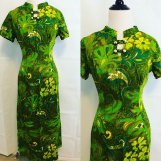 Vintage 1950s Vintage Hawaiian Dress In Greens Paisley Teardrop Pattern M/l