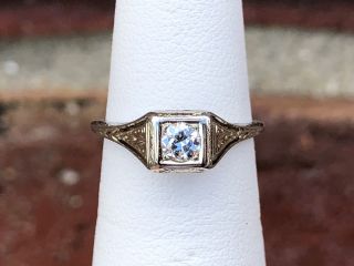 18kt White Gold Old Mine European Cut Diamond Antique Filigree Ladies Ring Sz.  5