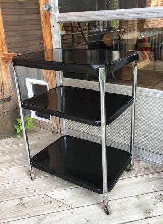 Vintage Kitchen Metal 3 Shelf Cart Cosco Black Chrome / W Wheels