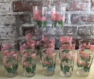 15 Vintage Federal Glasses Tumblers Pink Roses 3” 4” 5” Minty