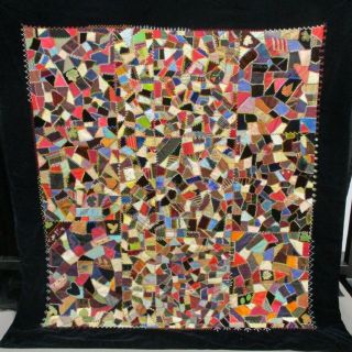 Vintage Handmade Black Velvet & Silk Fabric Embroidered Crazy Quilt - 70 " X 63 "