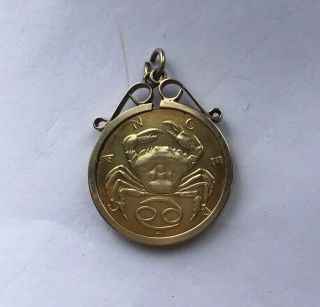 Vintage 9ct Gold " Cancer " Sign Of The Zodiac Pendant Gold Coin In Mount 6.  8g