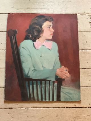 Vintage Female Portrait Mid Century Oil Painting Ca.  1940’s - ‘50’s