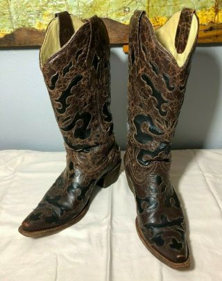 Womens Corral Vintage Brown Western Boots With Black Leather Inlay Size 9m