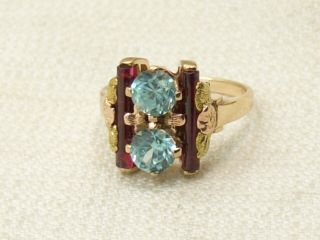 Estate 10k Yellow Gold Blue Zircon & Red Spinel Vintage Ring