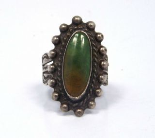 Vintage Native American Silver Green Turquoise Stamped Ornate Adjustable Ring