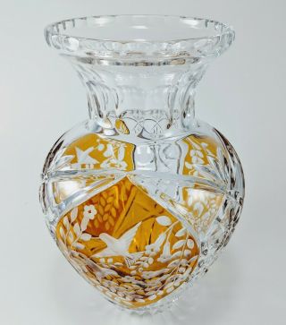 Vintage Amber To Clear Bohemian Cut Glass Vase 10 " X 6 " Crystal