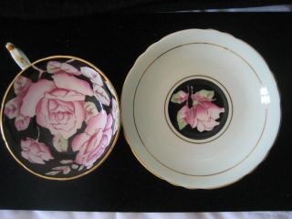 Vintage PARAGON China Footed Cup & Saucer Pink Cabbage Rose Black on Pale Green 2