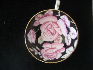 Vintage PARAGON China Footed Cup & Saucer Pink Cabbage Rose Black on Pale Green 3