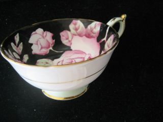 Vintage PARAGON China Footed Cup & Saucer Pink Cabbage Rose Black on Pale Green 4