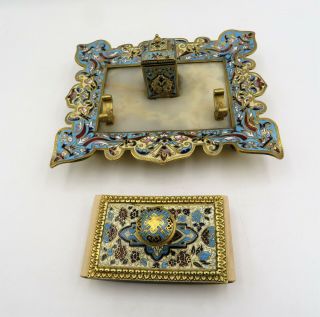 Antique French Champleve Enamel Gilded Bronze Onyx Desk Stand Inkwell W/ Blotter