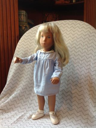 Vintage 16 " English Sasha Doll,  Blonde Hair,  Blue Check Dress Set,  1970s/80s