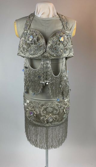Vintage Custom Belly Dancing Costume Hand Beaded Silver Rhinestone Burning Man