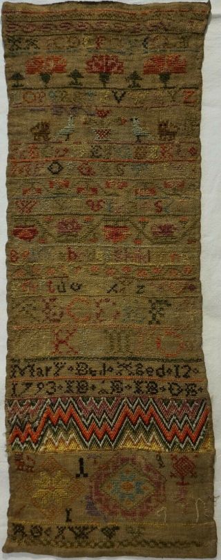 Late 18th Century Alphabet,  Motif & Border Pattern Sampler By Mary Bell - 1793