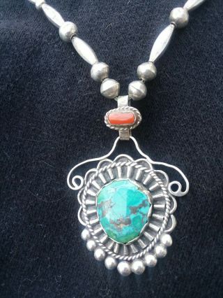 Vtg Navajo Pearl Bead Sterling Silver And Turquoise And Coral Pendant Necklace