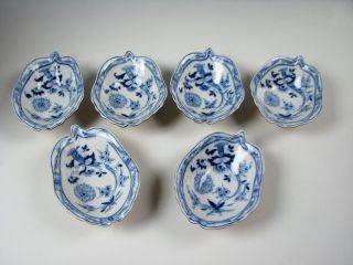 Rare Set 6 Antique Blue Onion Porcelain Individual Oyster Shooters Plates Turtle