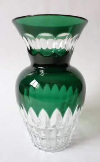 Val St Lambert Fluted Vase Cut To Clear Glass Emerald Green Vintage Signed