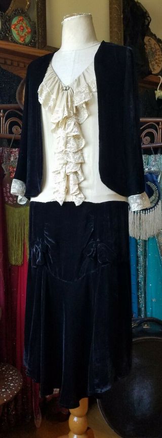 1920s Black Velvet Ecru Chiffon 2 Piece Dress Gown Vintage Art Deco 20s Antique
