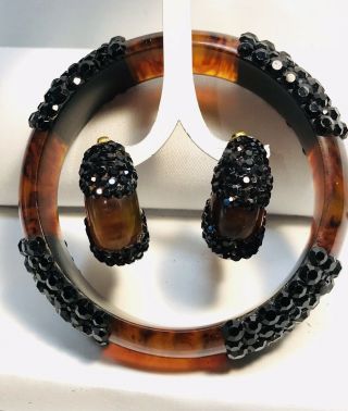 Vintage Bakelite & Mourning Black Rhinestones Bracelet & Earring Demi Set