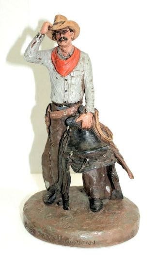 Vtg Signed Michael Garman Cowboy Drifter Holding Saddle Figurine Sculpture 10.  5 "