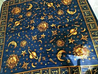Vintage Gianni Versace 100 Silk Scarf Zodiac Sun Moon Stars Dark Blue Gold
