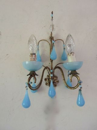 Rare Antique Gilt Bronze And Blue Murano Glass Drops Venetian 2 Branch Sconce