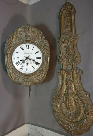 Lg 19thc Antique French Victorian Figural Brass Lady Pendulum Wag On Wall Clock