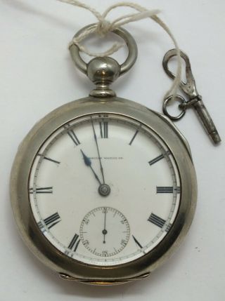Waltham 18 Size Open Face 15 Jewel Key Wind W/ Key 1874 Pocket Watch Runs Lw107