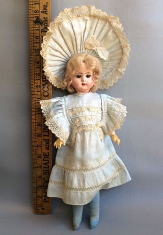 Antique German Paper Mache Doll Great Orig Clothes&Bonnet Glass Eyes Mohair Wig 2
