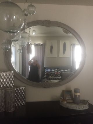 Grey Wooden Hand Painted Large Ova Mirror From Arhaus Furniture 53” By 43”