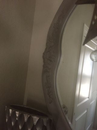 grey wooden hand painted large ova mirror from Arhaus Furniture 53” by 43” 5