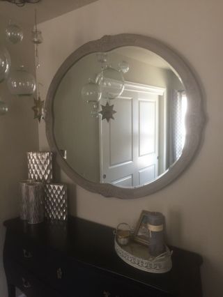 grey wooden hand painted large ova mirror from Arhaus Furniture 53” by 43” 6