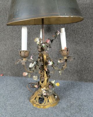 Antique French Bronze And Porcelain Floral Lamp