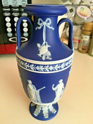Wedgwood Jasperware Rare Dark Blue 6 " Urn Vase Trophy Handles C1900