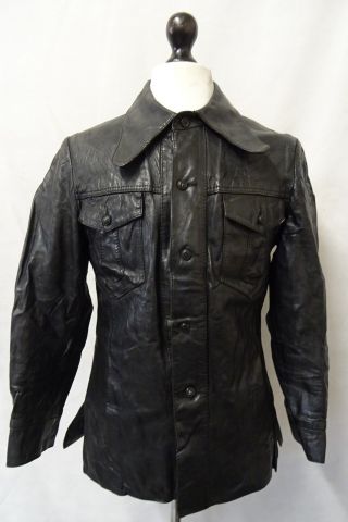 Men ' s Vintage 70 ' s Black Leather Safari Blazer Jacket Size 38R CC9505 2