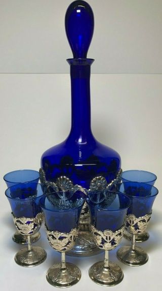 Vintage Cobalt Blue Decanter With Metal Stemware Base And 6 Matching Drinking Gl