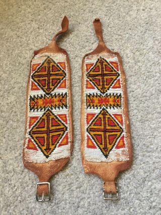 Vintage Pair Beaded Leg Cuffs Leather Native American Indian 14” Long 3” Wide