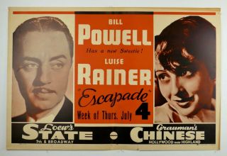 Vtg 1935 " Escapade " Bill Powell Luise Rainer Cardboard Movie Poster