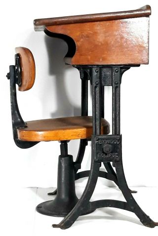 Antique/vintage Heywood Eclipse Adjustable School Chair And Desk Wood & Iron