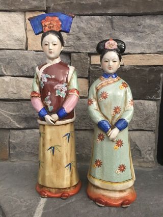Vintage Asian Oriental Couple Figurines Ceramic Crazed Finish 18” Man 15” Woman