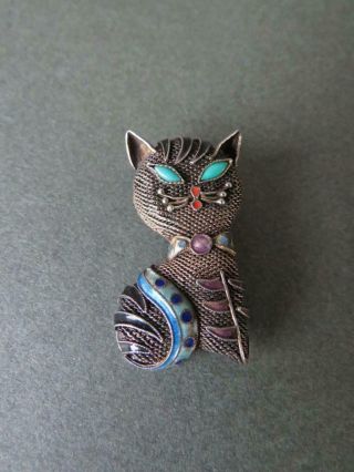 Vintage Chinese Silver Enamel Cat Brooch Pin Pendant Filigree