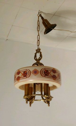 Antique Art Deco Brass Chandelier 4 Arm 5 Lights With Large Center Glass Shade