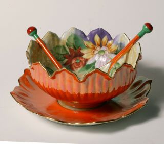 Vintage Art Deco Noritake Large Salad Bowl Set - Flowers W/rare Spoons